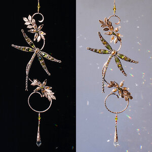 OLIVE DRAGONFLY ON A BRANCH WINDOW SUNCATCHER WITH SWAROVSKI CRYSTALS AND MIXED METALS