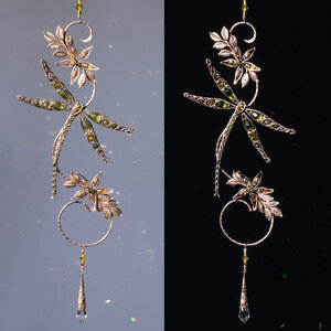 OLIVE DRAGONFLY ON A BRANCH WINDOW SUNCATCHER WITH SWAROVSKI CRYSTALS AND MIXED METALS