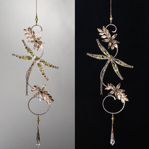 OLIVE DRAGONFLY ON A BRANCH WINDOW SUNCATCHER WITH SWAROVSKI CRYSTALS AND MIXED METALS