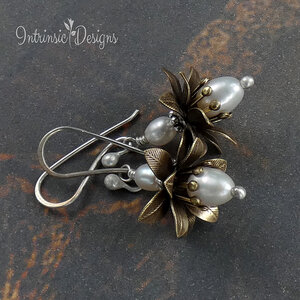 SOLD! Freshwater Pearl Flower Earrings, Stamped Brass Flowers, Pearl Earrings, Mixed Metal Earrings, Sterling Silver Ear Wires