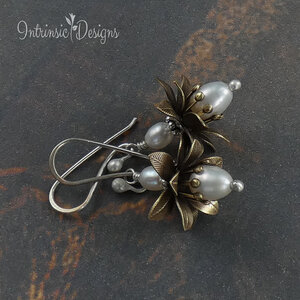 SOLD! Freshwater Pearl Flower Earrings, Stamped Brass Flowers, Pearl Earrings, Mixed Metal Earrings, Sterling Silver Ear Wires