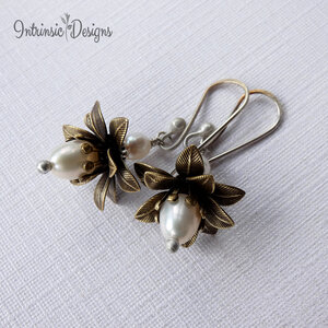 SOLD! Freshwater Pearl Flower Earrings, Stamped Brass Flowers, Pearl Earrings, Mixed Metal Earrings, Sterling Silver Ear Wires