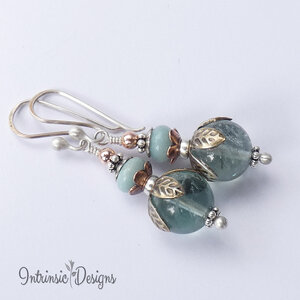 SOLD! Green Blue Fluorite & Amazonite Flower Earrings, Fluorite Earrings, Boho Earrings, Mixed Metal Earrings, Sterling Silver Ear Wires