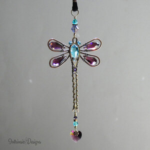 RESERVED FOR PATRICIA .... PURPLE & BLUE DRAGONFLY SWAROVSKI CRYSTAL CAR REAR VIEW MIRROR DANGLE .... ADJUSTABLE