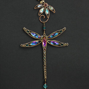 DRAGONFLY WITH CONEFLOWER SWAROVSKI CRYSTAL WINDOW SUNCATCHER IN TURQUOISE, MAGNENTA & PURPLE WITH MIXED METALS