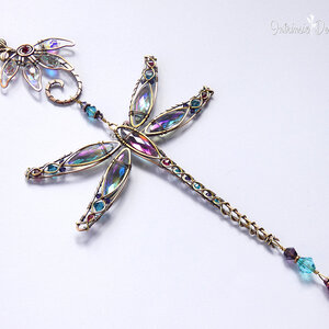 DRAGONFLY WITH CONEFLOWER SWAROVSKI CRYSTAL WINDOW SUNCATCHER IN TURQUOISE, MAGNENTA & PURPLE WITH MIXED METALS