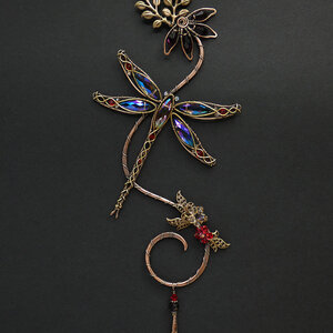 DRAGONFLY WITH CONEFLOWER SWAROVSKI CRYSTAL WINDOW SUNCATCHER IN RED, PURPLE & TOPAZ WITH MIXED METALS