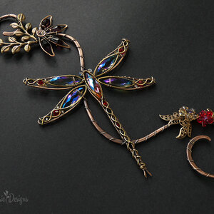 DRAGONFLY WITH CONEFLOWER SWAROVSKI CRYSTAL WINDOW SUNCATCHER IN RED, PURPLE & TOPAZ WITH MIXED METALS
