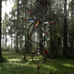 DRAGONFLY WITH CONEFLOWER SWAROVSKI CRYSTAL WINDOW SUNCATCHER IN RED, PURPLE & TOPAZ WITH MIXED METALS