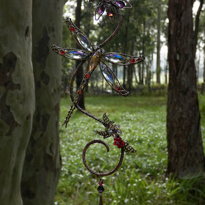 DRAGONFLY WITH CONEFLOWER SWAROVSKI CRYSTAL WINDOW SUNCATCHER IN RED, PURPLE & TOPAZ WITH MIXED METALS