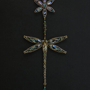DRAGONFLY & FLOWER ... SWAROVSKI CRYSTAL WINDOW SUNCATCHER IN MONTANA BLUE, TURQUOISE, ERINITE GREEN & AB CLEAR WITH MIXED METALS