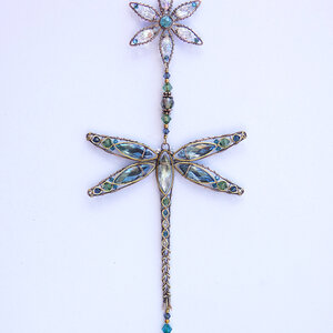 DRAGONFLY & FLOWER ... SWAROVSKI CRYSTAL WINDOW SUNCATCHER IN MONTANA BLUE, TURQUOISE, ERINITE GREEN & AB CLEAR WITH MIXED METALS