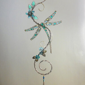 RESERVED FOR SALLY .... DRAGONFLY SWAROVSKI CRYSTAL WINDOW SUNCATCHER IN OCEAN BLUES AND GREENS WITH MIXED METALS