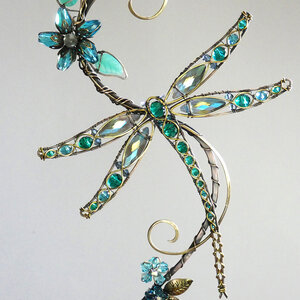 RESERVED FOR SALLY .... DRAGONFLY SWAROVSKI CRYSTAL WINDOW SUNCATCHER IN OCEAN BLUES AND GREENS WITH MIXED METALS