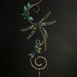 RESERVED FOR SALLY .... DRAGONFLY SWAROVSKI CRYSTAL WINDOW SUNCATCHER IN OCEAN BLUES AND GREENS WITH MIXED METALS