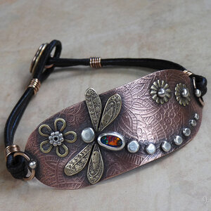 AUSTRALIAN BLACK OPAL DRAGONFLY LEATHER BRACELET WITH ETCHED COPPER, STERLING SILVER, BRONZE AND BRASS
