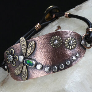 AUSTRALIAN BLACK OPAL DRAGONFLY LEATHER BRACELET WITH ETCHED COPPER, STERLING SILVER, BRONZE AND BRASS