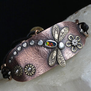 AUSTRALIAN BLACK OPAL DRAGONFLY LEATHER BRACELET WITH ETCHED COPPER, STERLING SILVER, BRONZE AND BRASS