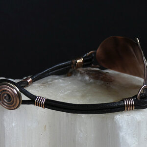 AUSTRALIAN BLACK OPAL DRAGONFLY LEATHER BRACELET WITH ETCHED COPPER, STERLING SILVER, BRONZE AND BRASS
