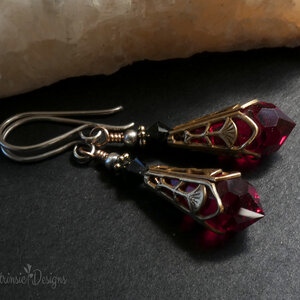 RED SWAROVSKI CRYSTAL FILIGREE EARRINGS IN MIXED METALS WITH STERLING SILVER EAR WIRES