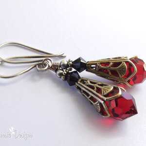 RED SWAROVSKI CRYSTAL FILIGREE EARRINGS IN MIXED METALS WITH STERLING SILVER EAR WIRES