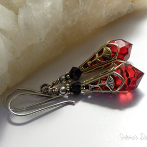 RED SWAROVSKI CRYSTAL FILIGREE EARRINGS IN MIXED METALS WITH STERLING SILVER EAR WIRES