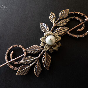 SPIRAL COPPER SHAWL PIN/ SWEATER PIN WITH A FRESHWATER PEARL AND BRASS FLOWER, BRASS LEAVES AND MIXED METALS