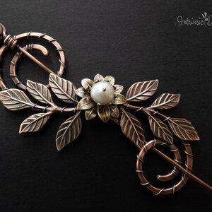 SPIRAL COPPER SHAWL PIN/ SWEATER PIN WITH A FRESHWATER PEARL AND BRASS FLOWER, BRASS LEAVES AND MIXED METALS