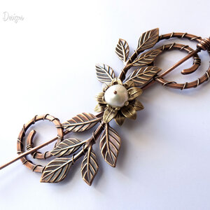 SPIRAL COPPER SHAWL PIN/ SWEATER PIN WITH A FRESHWATER PEARL AND BRASS FLOWER, BRASS LEAVES AND MIXED METALS