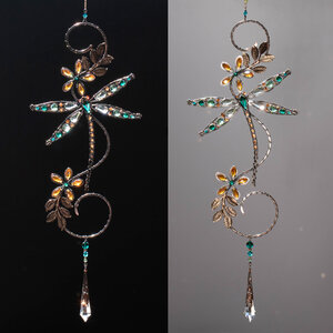 RESERVED FOR SUE BALANCE ....  DRAGONFLY ON A BRANCH WINDOW SUNCATCHER WITH SWAROVSKI CRYSTALS AND MIXED METALS