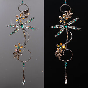 RESERVED FOR SUE BALANCE ....  DRAGONFLY ON A BRANCH WINDOW SUNCATCHER WITH SWAROVSKI CRYSTALS AND MIXED METALS