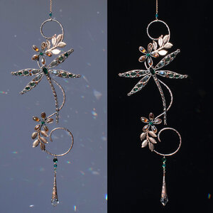 RESERVED FOR SUE BALANCE ....  DRAGONFLY ON A BRANCH WINDOW SUNCATCHER WITH SWAROVSKI CRYSTALS AND MIXED METALS