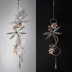 RESERVED FOR SUE BALANCE ....  DRAGONFLY ON A BRANCH WINDOW SUNCATCHER WITH SWAROVSKI CRYSTALS AND MIXED METALS