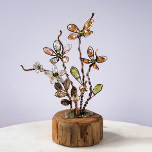 BOUQUET OF CRYSTAL FLOWERS ON A WOOD SLICE * WINDOWSILL SUNCATCHER * IKEBANA STYLE