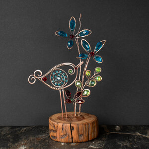 CRYSTAL FLOWERS AND A WHIMSICAL BIRD ON A WOOD SLICE * WINDOWSILL SUNCATCHER 
