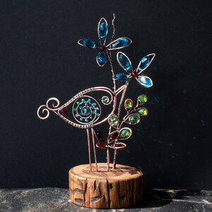 CRYSTAL FLOWERS AND A WHIMSICAL BIRD ON A WOOD SLICE * WINDOWSILL SUNCATCHER 