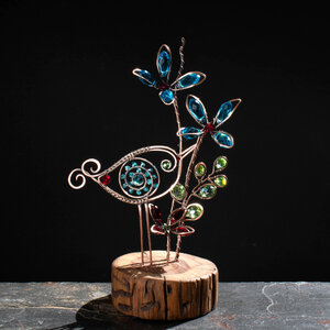 CRYSTAL FLOWERS AND A WHIMSICAL BIRD ON A WOOD SLICE * WINDOWSILL SUNCATCHER 