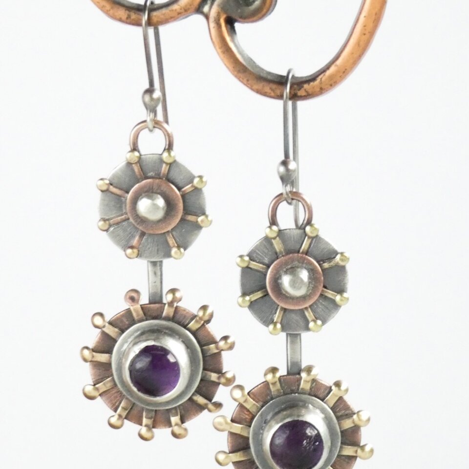 “SEA URCHIN” AMETHYST MIXED METAL EARRINGS WITH 935 ARGENTIUM SILVER EAR WIRES