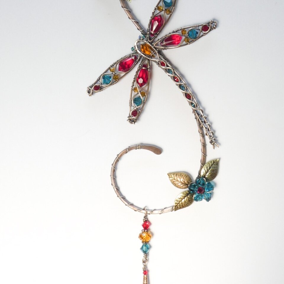DRAGONFLY SWAROVSKI CRYSTAL WINDOW SUNCATCHER IN RED, INDICOLITE, GOLDEN YELLOW, & TOPAZ WITH MIXED METALS