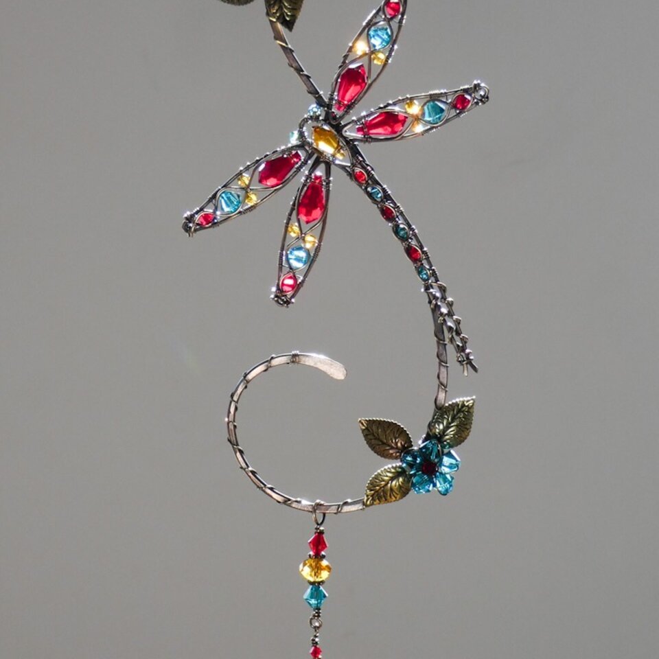 DRAGONFLY SWAROVSKI CRYSTAL WINDOW SUNCATCHER IN RED, INDICOLITE, GOLDEN YELLOW, & TOPAZ WITH MIXED METALS