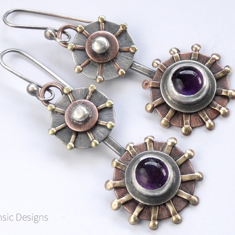“SEA URCHIN” AMETHYST MIXED METAL EARRINGS WITH 935 ARGENTIUM SILVER EAR WIRES