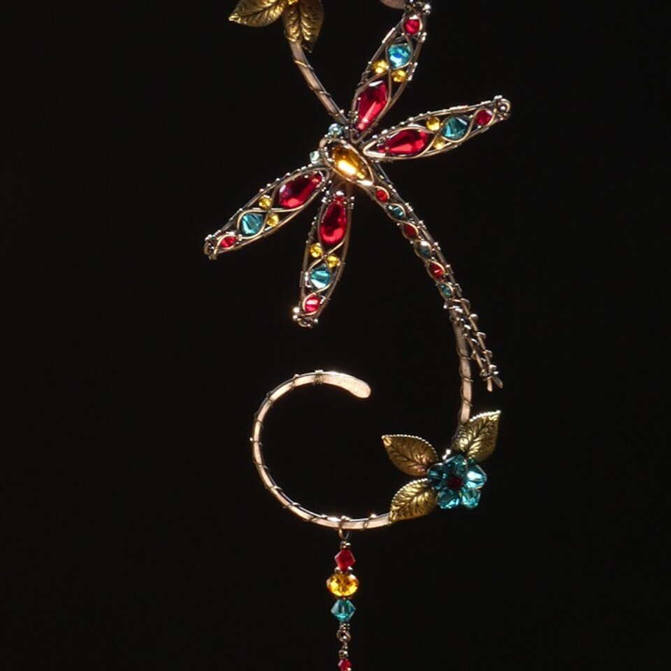 DRAGONFLY SWAROVSKI CRYSTAL WINDOW SUNCATCHER IN RED, INDICOLITE, GOLDEN YELLOW, & TOPAZ WITH MIXED METALS
