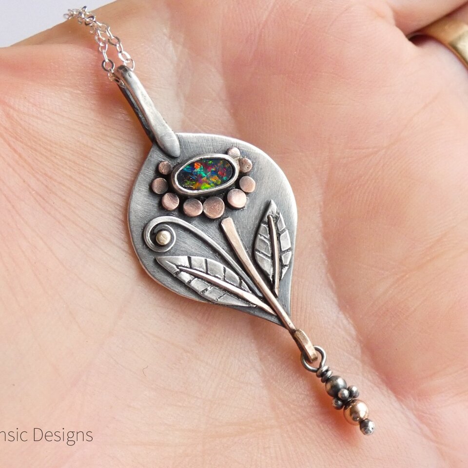 OPAL FLOWER STERLING SILVER & MIXED METAL PENDANT NECKLACE