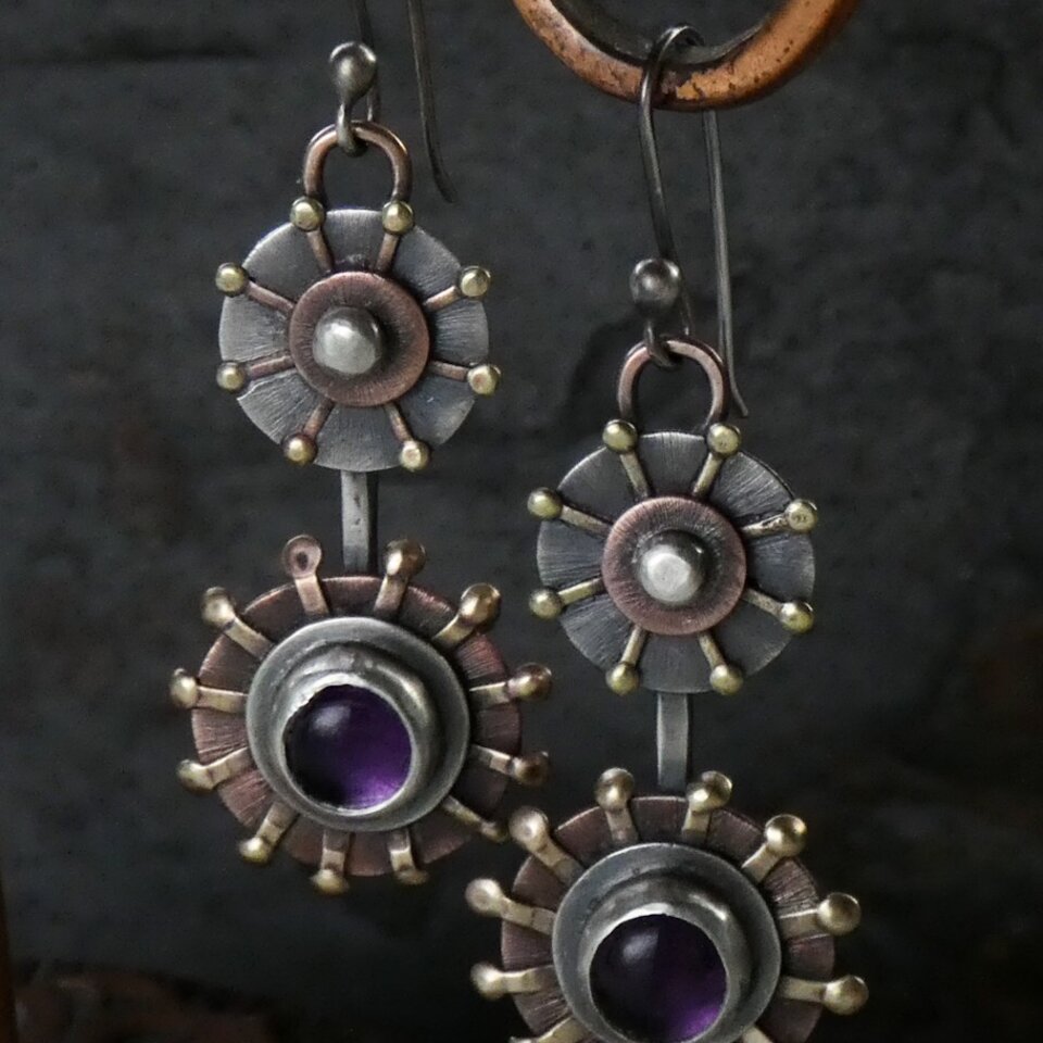 “SEA URCHIN” AMETHYST MIXED METAL EARRINGS WITH 935 ARGENTIUM SILVER EAR WIRES