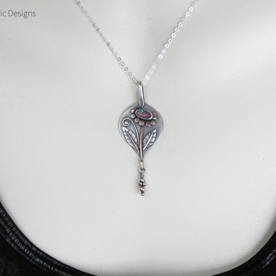 OPAL FLOWER STERLING SILVER & MIXED METAL PENDANT NECKLACE
