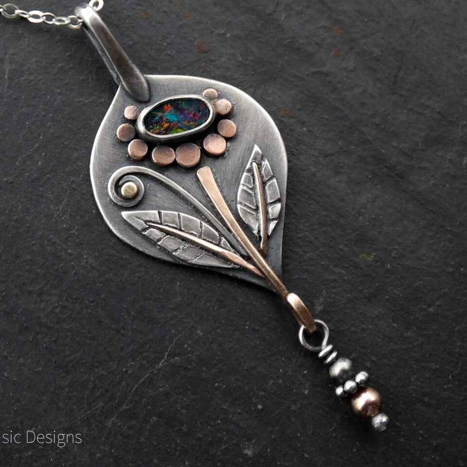 OPAL FLOWER STERLING SILVER & MIXED METAL PENDANT NECKLACE