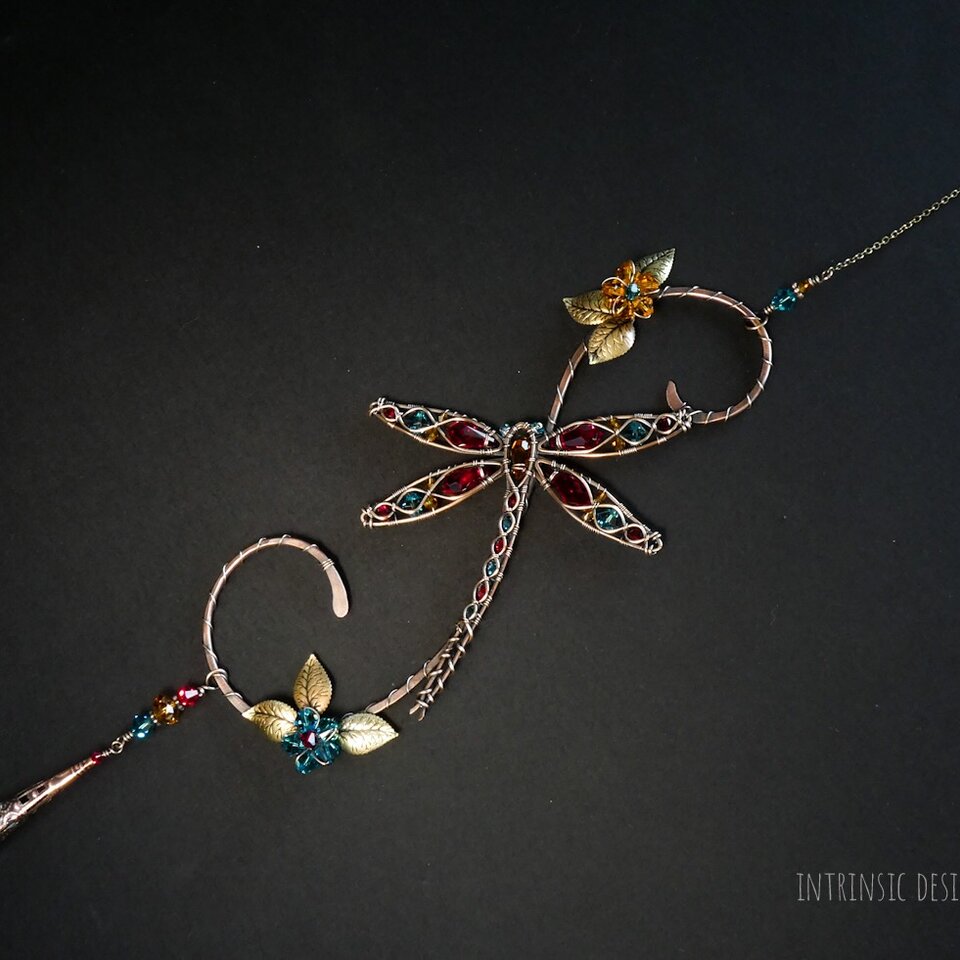 DRAGONFLY SWAROVSKI CRYSTAL WINDOW SUNCATCHER IN RED, INDICOLITE, GOLDEN YELLOW, & TOPAZ WITH MIXED METALS