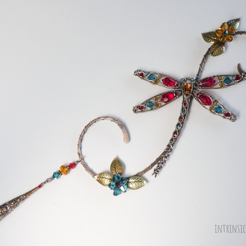 DRAGONFLY SWAROVSKI CRYSTAL WINDOW SUNCATCHER IN RED, INDICOLITE, GOLDEN YELLOW, & TOPAZ WITH MIXED METALS