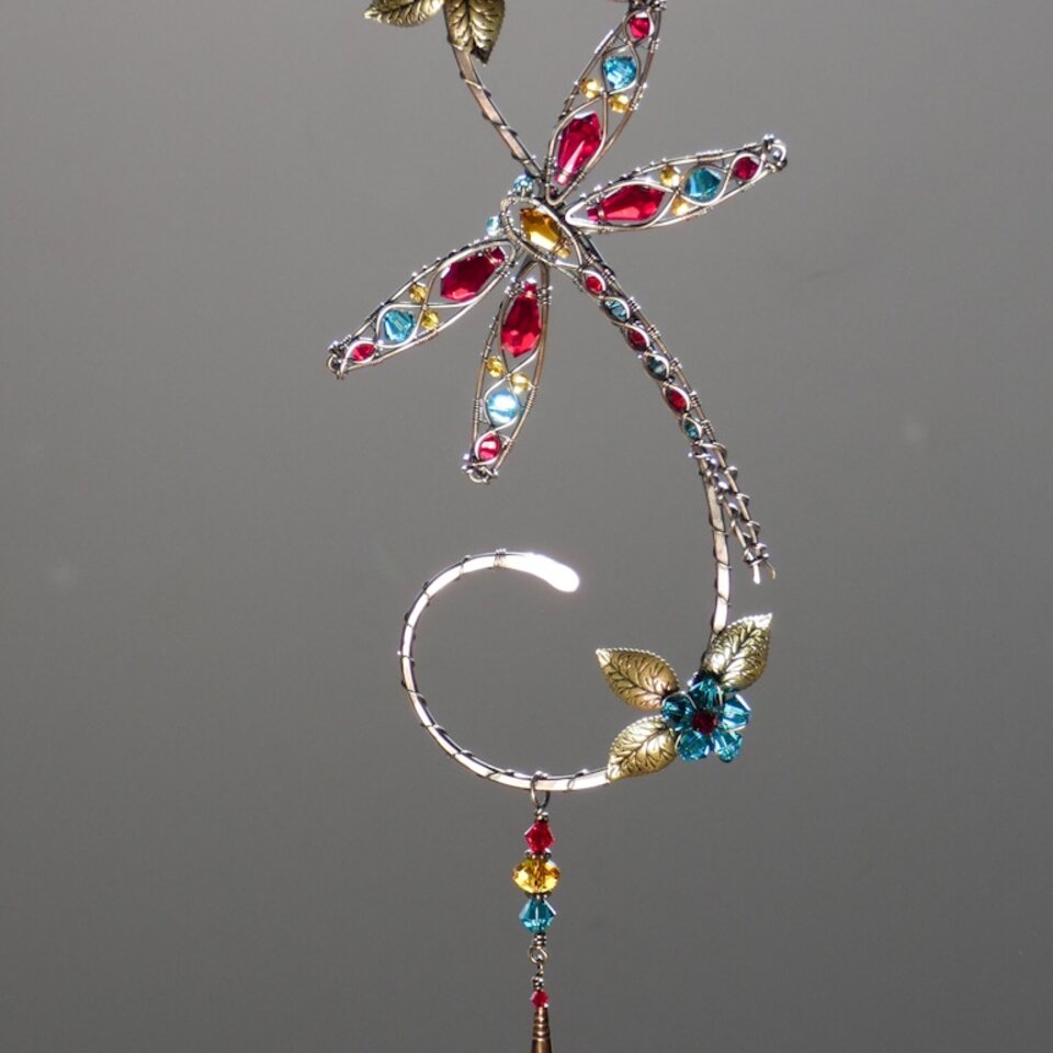 DRAGONFLY SWAROVSKI CRYSTAL WINDOW SUNCATCHER IN RED, INDICOLITE, GOLDEN YELLOW, & TOPAZ WITH MIXED METALS