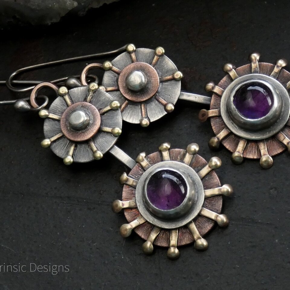 “SEA URCHIN” AMETHYST MIXED METAL EARRINGS WITH 935 ARGENTIUM SILVER EAR WIRES